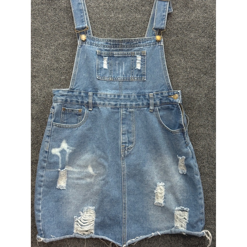 Distressed Denim Overall Skirt Women Size L Blue Jean Mini Streetwear Grunge Y2K